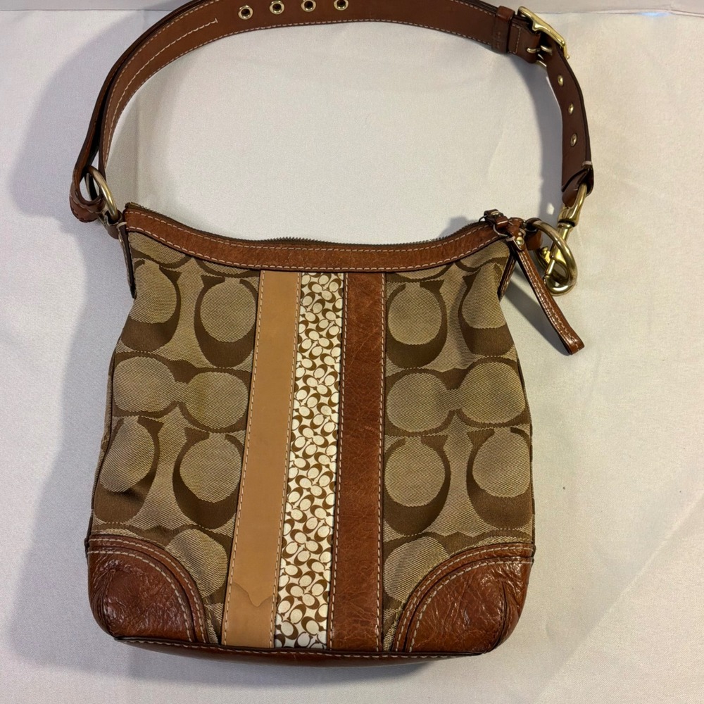 🟢 Coach Signature Canvas Stripe Hobo Bag Brown Tan Leather Vintage